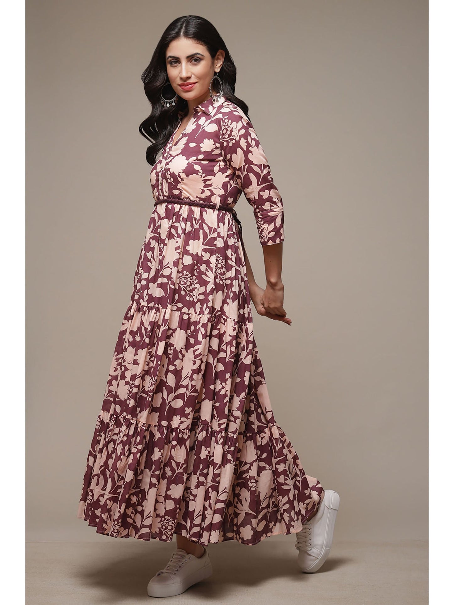 Womens Purple Printed Voile Tired Dress (Set of 2)