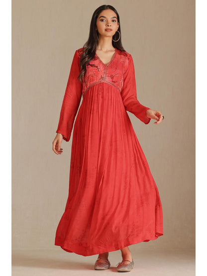 Womens Red Chinon Floral Print Dress With Beads