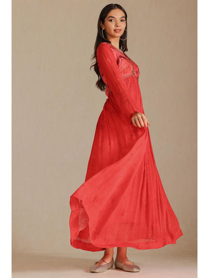 Womens Red Chinon Floral Print Dress With Beads