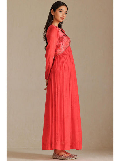 Womens Red Chinon Floral Print Dress With Beads