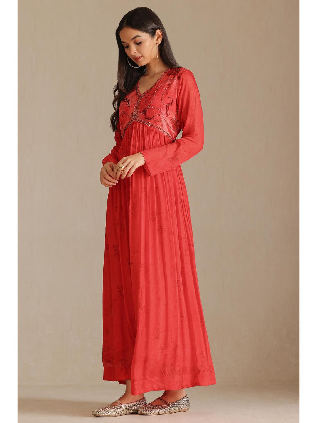 Womens Red Chinon Floral Print Dress With Beads