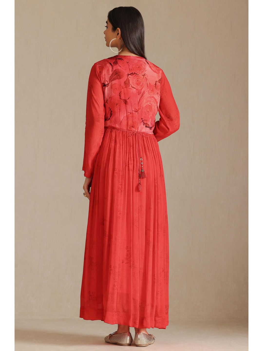 Womens Red Chinon Floral Print Dress With Beads