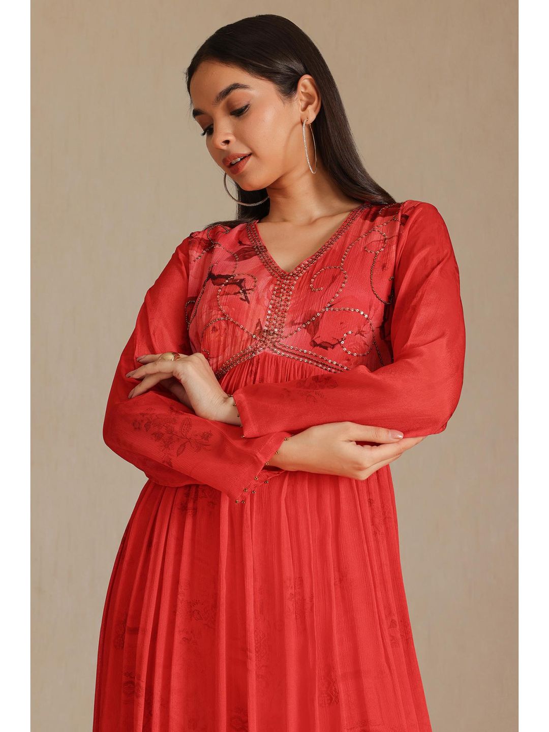 Womens Red Chinon Floral Print Dress With Beads