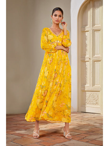 Womens Yellow Viscose Floral Print Alia Cut Dress with Cutdana