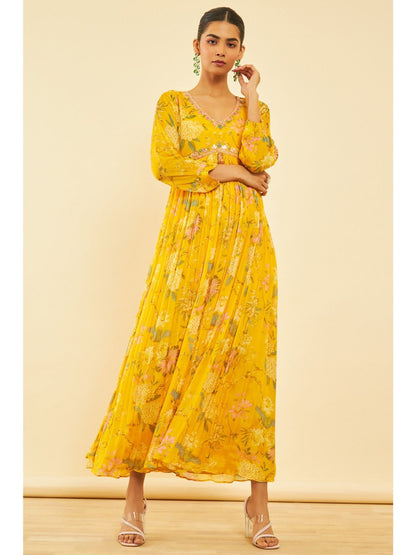 Womens Yellow Viscose Floral Print Alia Cut Dress with Cutdana