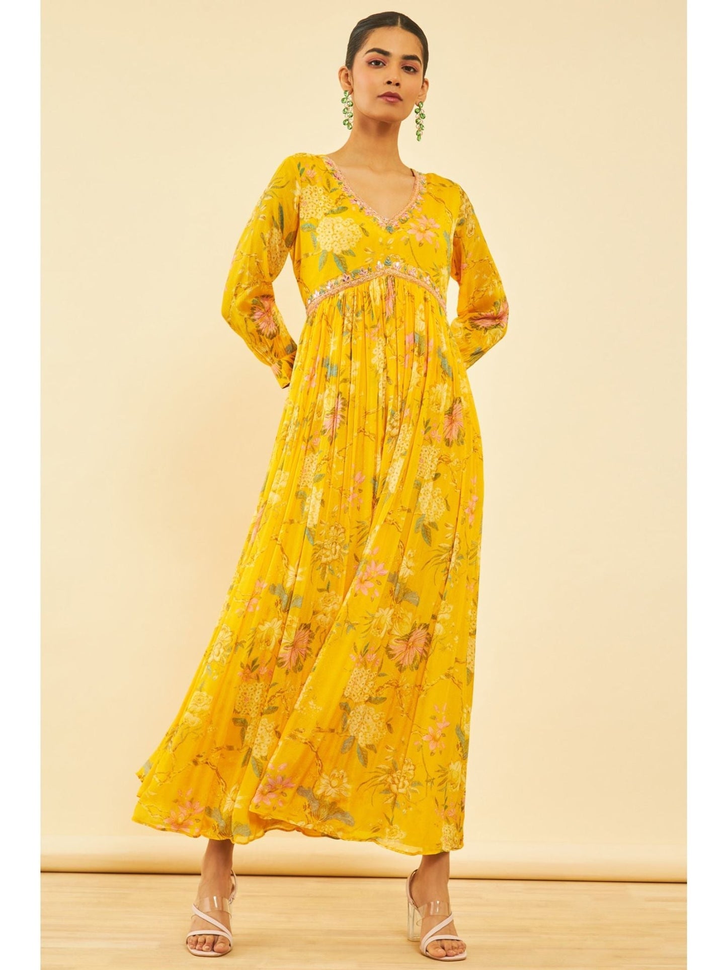 Womens Yellow Viscose Floral Print Alia Cut Dress with Cutdana