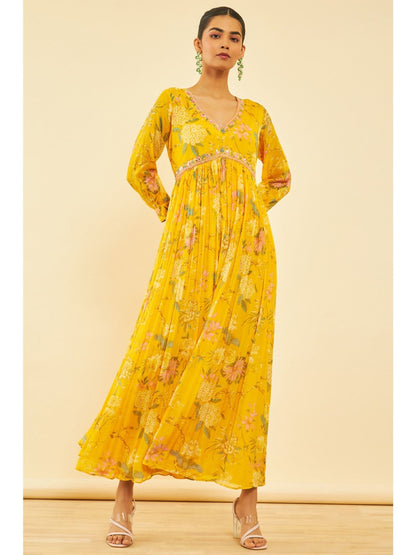 Womens Yellow Viscose Floral Print Alia Cut Dress with Cutdana