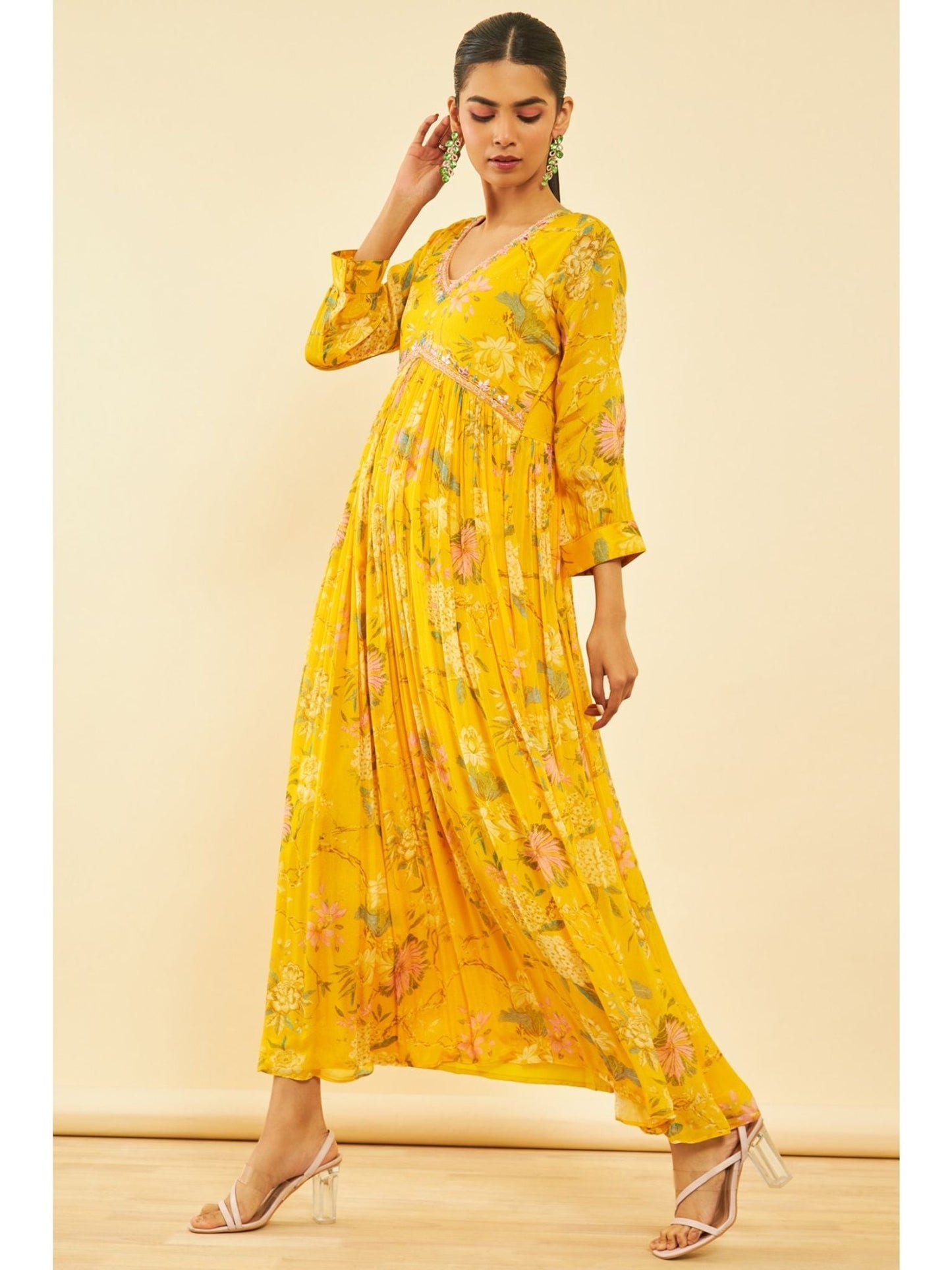 Womens Yellow Viscose Floral Print Alia Cut Dress with Cutdana