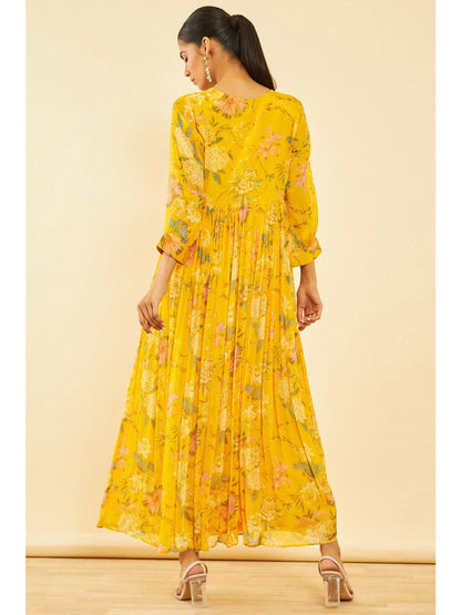 Womens Yellow Viscose Floral Print Alia Cut Dress with Cutdana