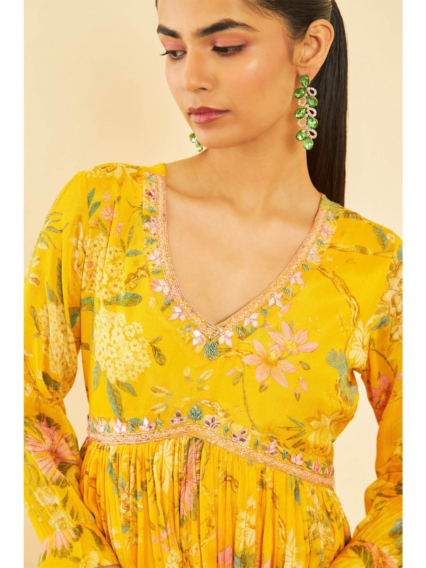 Womens Yellow Viscose Floral Print Alia Cut Dress with Cutdana